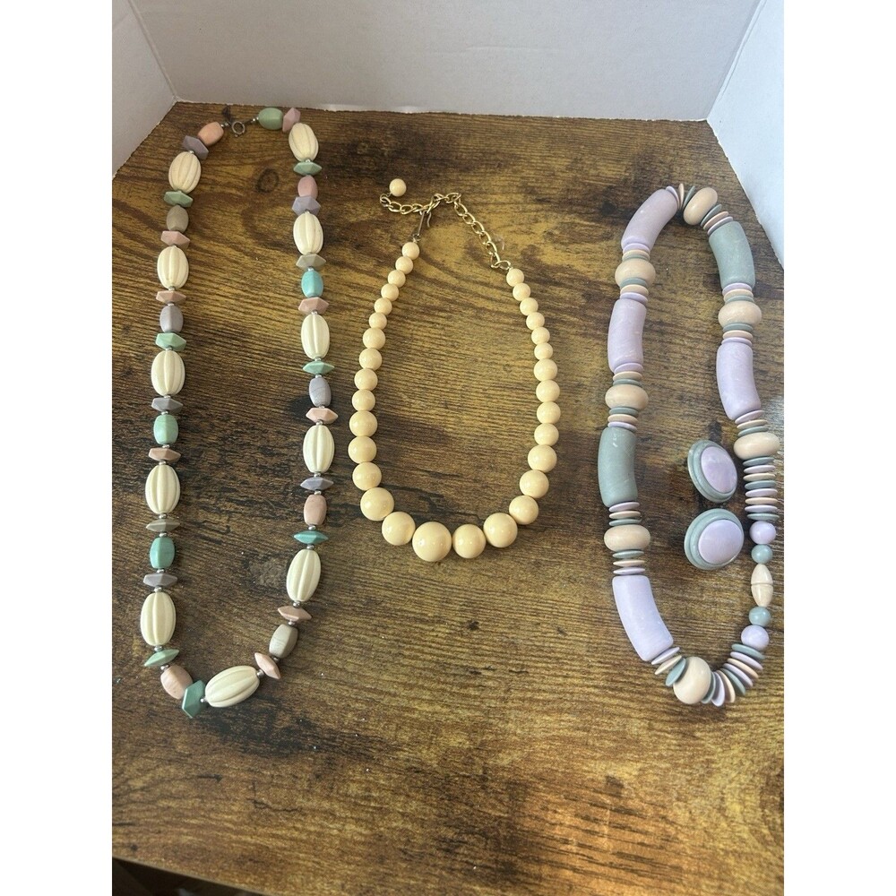 Lot 3 Vintage Beaded Necklaces Pastel Statement Set w Earrings Retro Chic - Picture 4 of 13